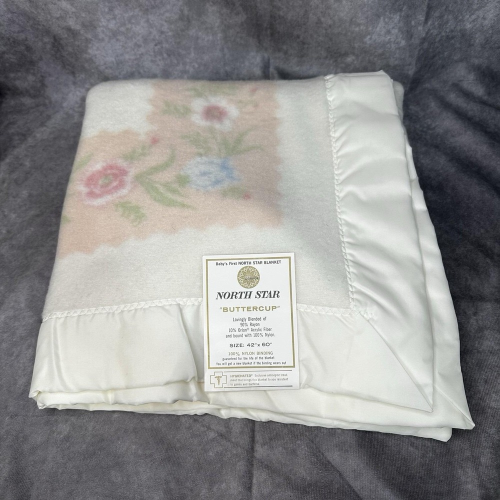 Vintage North Star Buttercup Baby's First Blanket Satin Trim Floral Pastel Fleec